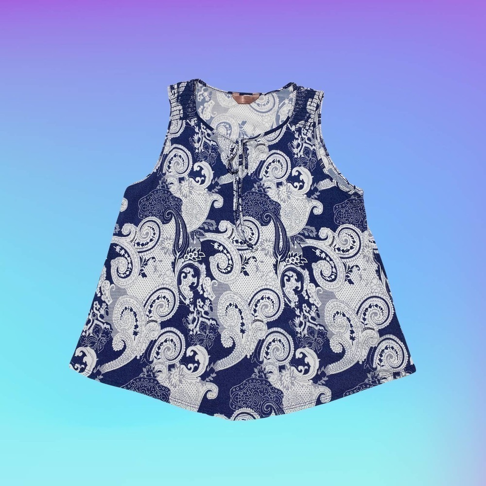 Sjs Blue & White Paisley Keyhole Sleeveless Blouse - Picture 10 of 11